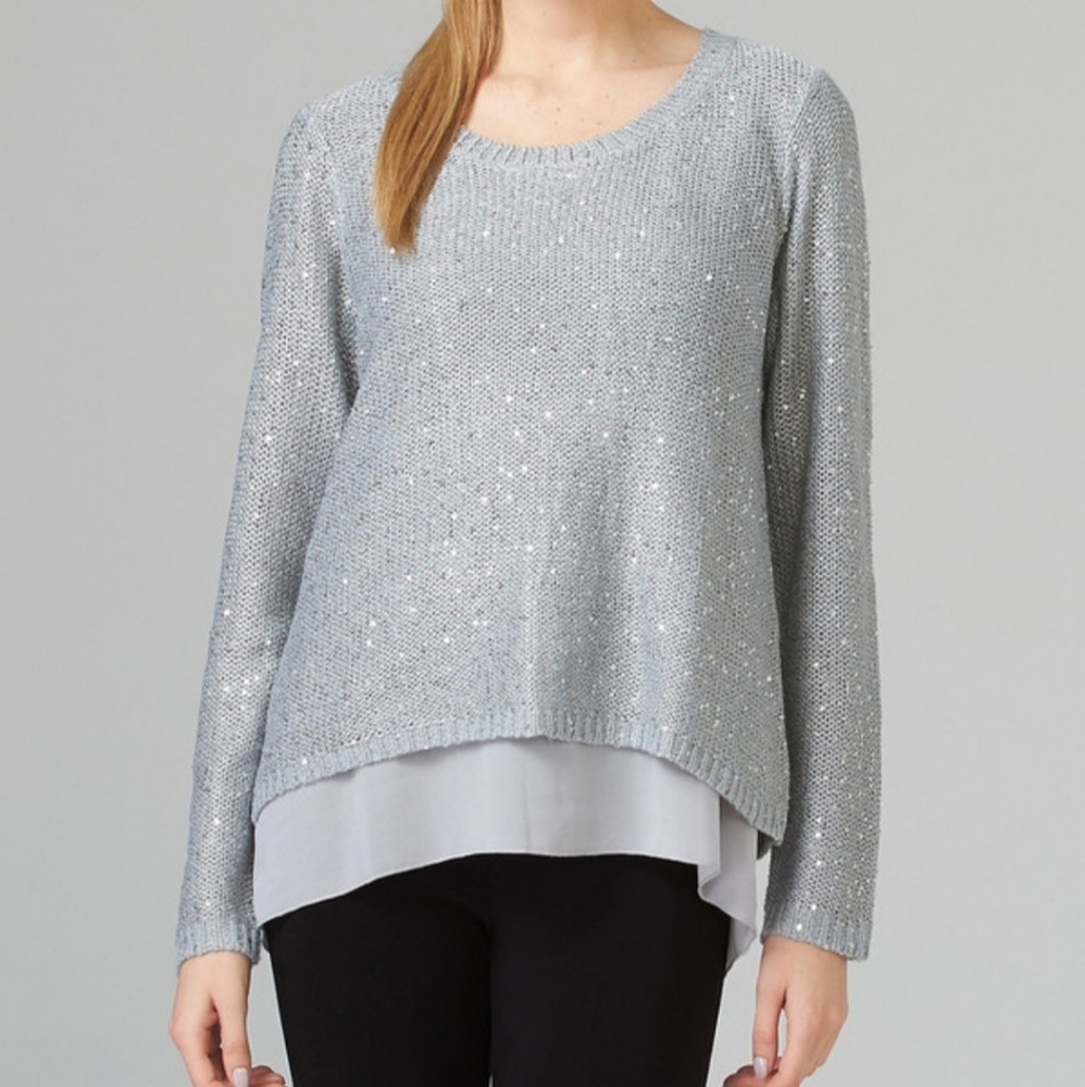 Grey Sequin Knit Crew Neck Sweater